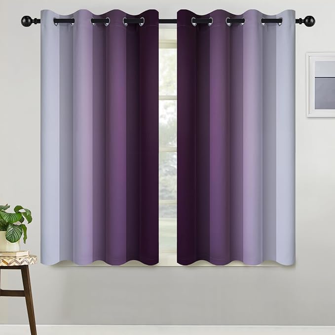 COSVIYA Blackout Curtains & Drapes Ombre Purple Curtains 45 inch Length 2 Panels,Room Darkening Light Blocking Grommet Gradient Insulated Thermal Window Curtains for Bedroom/Living Room,52x45 inches
