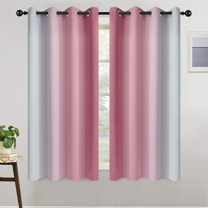 COSVIYA Grommet Ombre Room Darkening Curtains 63 inch Length, Pink and Greyish White Light Gradient Drapes Blocking Insulated Thermal Window Curtains for Bedroom/Living Room,2 Panels,52x63 inches