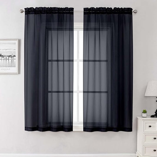 Lecloud Black Sheer Curtains 68 Inch Length 2 Pcs, Light Filtering Rod Pockets Window Curtains for Bedroom, Soft Voile Solid Home Drapes for Living Room Bathroom Loft, Each Panel 42" W x 68" L