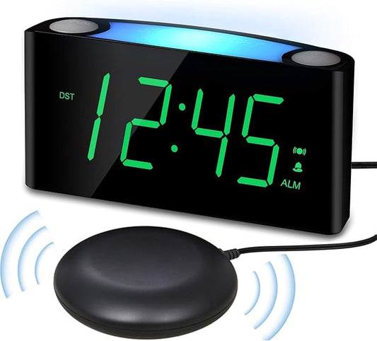 Extra Loud Vibrating Alarm Clock with Bed Shaker for Heavy Sleeper Deaf Hard of Hearing, Large LED Display Digital Clock for Bedroom,Dimmer,Night Light,USB Phone Charger,Battery Backup,Senior Teen Kid by PPLEE