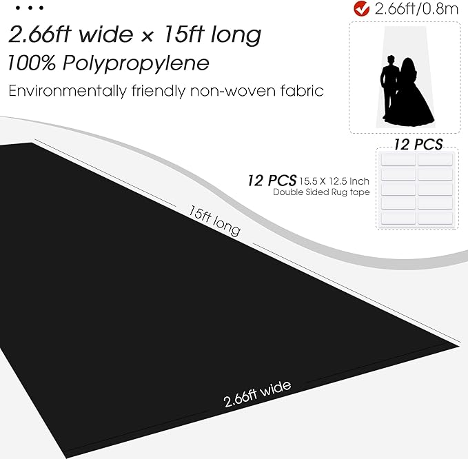 Black Carpet Runner for Party,140GSM 2.62FTx15FT Carpet Party Decorations,Black Runway Rug for Prom Felt Non-Woven Fabric,Runner for Wedding Ceremony