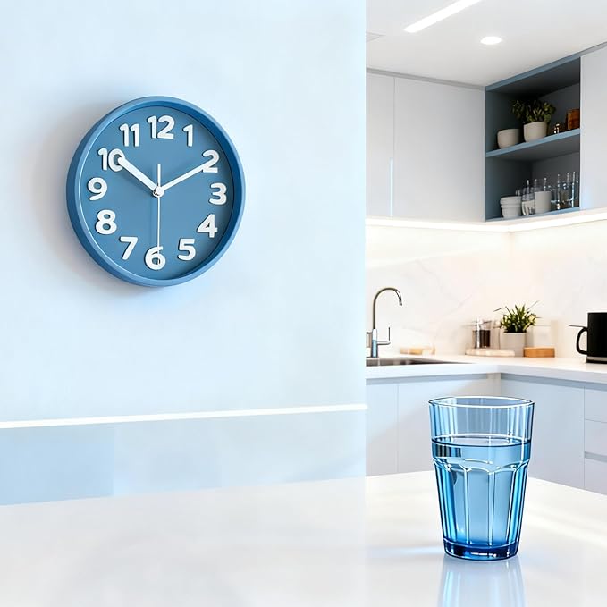 45MinST 8-Inch Blue Modern Wall Clock ?€? Silent Non-Ticking, 3D Large Numbers, Accurate Timekeeping | Decorative Wall & Desk Clock with Stand for Living Room, Bedroom, Kitchen, or Office