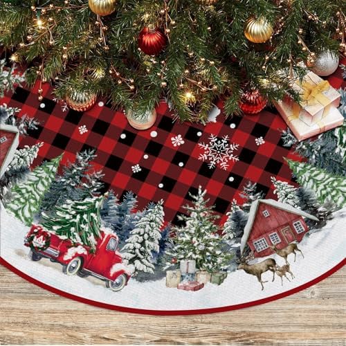 Red Buffalo Plaid with Truck Christmas Tree Skirt 36 Inches by EKOREST