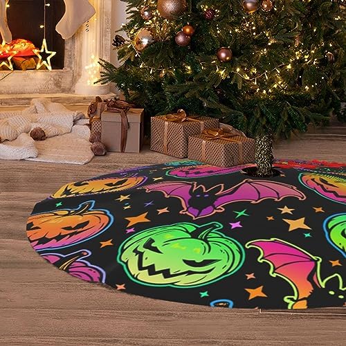 Neon Scary Bat Pumpkin Skull Halloween Colorful 36 Inch Christmas Tree Skirt Carpet Mat Funny Party Decor Supplies for Xmas Halloween Decorations Occasion Ornament - Image 6