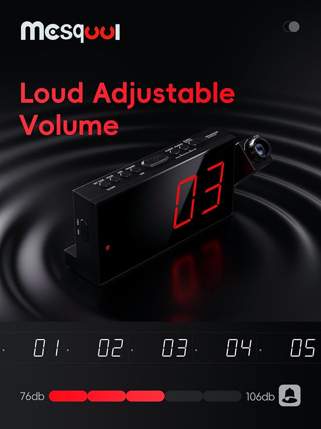 Mesqool Digital Projection Alarm Clock with Dual Alarms, 5 Levels Dimmer | 180° Rotatable Projector,12/24H & DST, Large LED, Snooze, with Battery Backup, Loud Alarm Perfect for Heavy Sleepers - Image 6