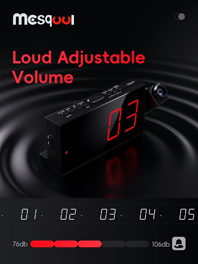 Mesqool Projection Alarm Clock with Loud Bed Shaker, Dual Alarms | 5-level Dimmer, USB charger, Snooze & DST, Loud Vibrating Alarm with Battery Backup, Perfect for Heavy Sleepers - Image 6