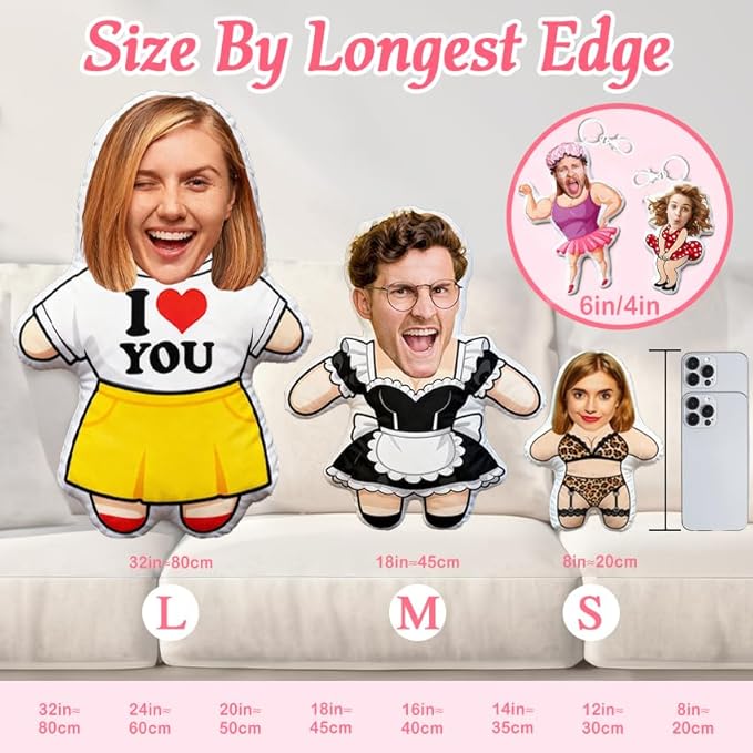 Custom Face Pillow with Body - Funny for Mom Grandma - Custom Pillow with Picture - Personalized Gag Gifts - Customized Stuffed Animal for Home Bed Sofa Decor (Face)