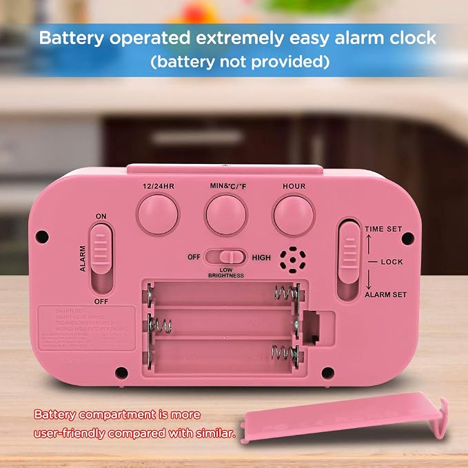 Peakeep Night Light Digital Alarm Clock Battery Operated Indoor Temperature | Small Cordless Cute Clock for Bedroom Desk Travel, Simple to Use for Teens Kids (Pink) - Image 7