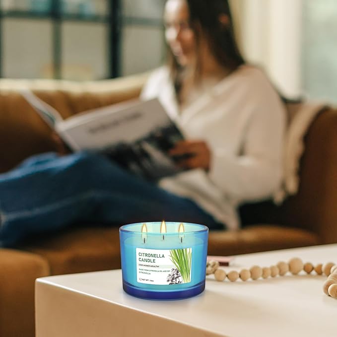 2x14oz Large 3-Wick Outdoor Indoor Citronella Candles, Long Lasting to 30 Hours, Scented Natural Soy Candle