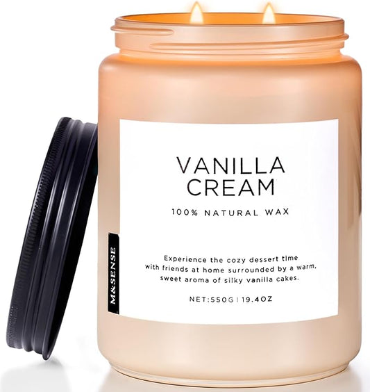 M&SENSE Large Vanilla Scented Candles for Home, 19.4oz Organic Soy Wax, 110-Hour Long Lasting Burning, Natural Candles Non Toxic, Cozy Smelling for Stress Relief, Housewarming Gift for Family