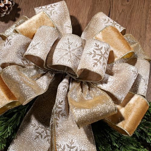 LaRibbons Large Gold Christmas Tree Topper Bow, 12"x45" Glitter Snowflake Ribbon Bow for Christmas Tree Decoration, Elegant Holiday Tree Ornament, Xmas Indoor Outdoor Decor - Image 5