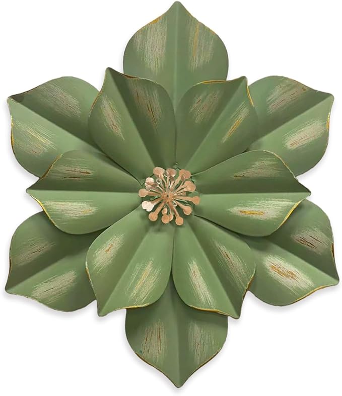 Metal Flower Wall Sculpture, 12.5" Rustic Modern Floral Artwork, Distressed 3D Layered Iron Flower Wall Hanging Accent for Indoor Kitchen Bedroom Living Room Office OutdoorGarden Patio Decor (Green)