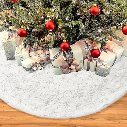 Dremisland Christmas Tree Skirt 48In White&Silver Tree Skirt with Snowflake - Image 7