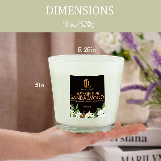 Large Candle Jasmine & Sandalwood Scented, 4 Wick Natural Soy Candles for Home Scented, 30oz Big Candle Long Lasting, Home Aromatherapy Candles Housewarming Gift for Women Men