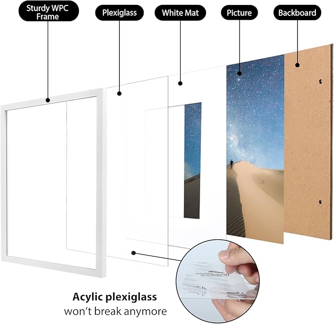 KINLINK 11x14 Picture Frame Set of 6, Wooden 14x11 Photo Frames with Plexiglass for 8x10 Picture with Mat or 11x14 Without Mat, Art Collage for Wall Gallery and Tabletop Display, 11 x 14 Frame White