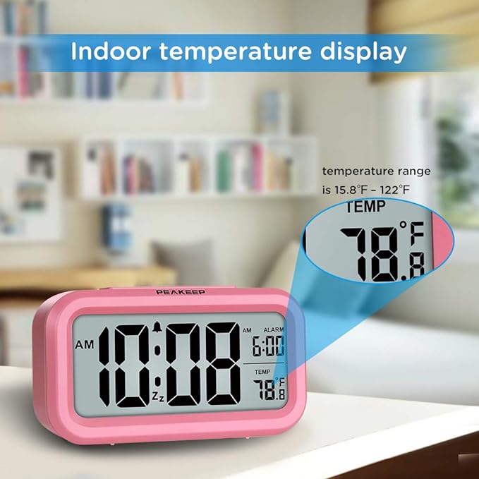 Peakeep Night Light Digital Alarm Clock Battery Operated Indoor Temperature | Small Cordless Cute Clock for Bedroom Desk Travel, Simple to Use for Teens Kids (Pink) - Image 4