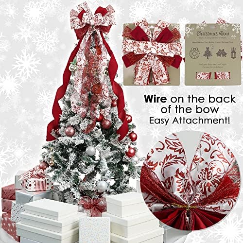 MEEDEE Red Bows Christmas Decorations Large Red Christmas Bow 12" Wide Red Velvet Christmas Bows Red and White Christmas Tree Topper Red Christmas Bows Red Bows for Christmas Tree (1 Pack) - Image 3