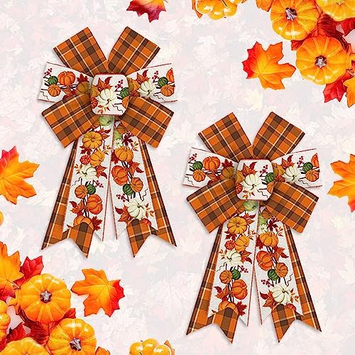 2PCS Fall Wreath Bows Thanksgiving Bows Pumpkin Stem Orange Buffalo Plaid Burlap Linen Bow for Wreath, Autumn Ribbon Bows for Thanksgiving Party Home Indoor Outdoor Decoration Wreath Ornament Supplies by On-Airstore