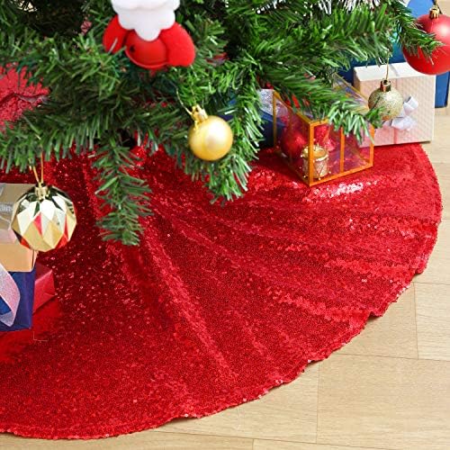 Red Tree Skirt 24 inches Small Christmas Tree Skirt Glitter Sequin Tree Skirt for Christmas Decorations by QueenDream