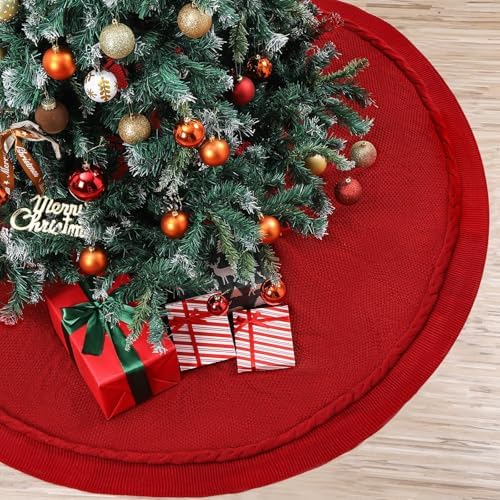 72 Inch Christmas Knitted Tree Skirt Giant Claret Red Chunky Xmas Tree Skirt Extra Large Cable Knit Thick Rustic Farmhouse Xmas Ornaments for Home Merry Christmas Holiday Winter Party Decoration by Bornerwhite