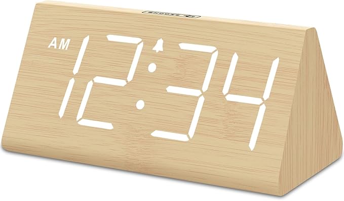 DreamSky Wooden Digital Alarm Clocks for Bedrooms - Electric Desk Clock with Large Numbers, USB Port, Loud Alarm for Heavy Sleepers, Adjustable Volume, Dimmer, Snooze, DST, Wood D??cor, Adapter Powered