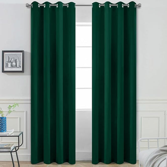Yakamok Blackout Curtains Room Darkening Thermal Insulated Window Panels,Solid Grommet Top Drapes for Bedroom/Living Room(52Wx90L, Dark Green, 2 Panels)