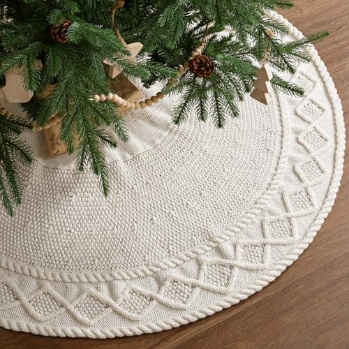 48 inch Christmas Tree Skirt: Diamond Edge Knit Tree Skirt for 7.5ft Tree, Cream White Tree Skirt, Vintage Tree Skirts, Rustic Farmhouse Christmas Decorations by LimBridge
