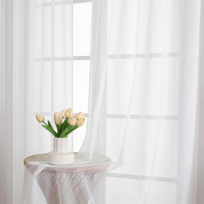 Lecloud White Sheer Curtains 63 Inch Length 2 Pcs, Light Filtering Rod Pockets Window Curtains for Bedroom, Soft Voile Home Drapes for Living Room Bathroom Home Office, Each Panel 59" W x 63" L