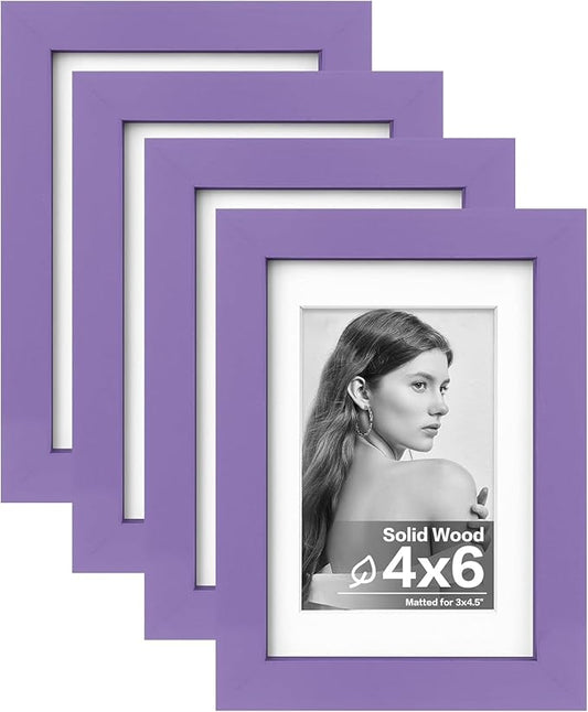 Egofine 4x6 Picture Frames 4PCS Covered by Plexiglass for Picture 3x4.5 and 3.5x5 with Mat or 4x6 whitout Mat Made of Solid Wood for Table Top Display and Wall Mounting Photo Frame, Purple