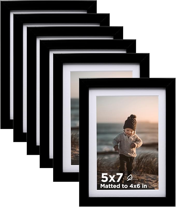 KINLINK 5x7 Picture Frame Black Set of 6, Wooden Photo Frames Matted 4x6 with Plexiglass for 4x6 with Mat or 5x7 without Mat for Table and Wall Display