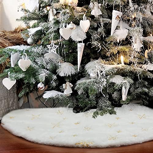 Christmas Tree Skirt 60 inch Large Snow White Soft Faux Fur Skirt with Golden Sequin Snow Flakes Xmas Holiday Home Party Decorations by JoviaFesta