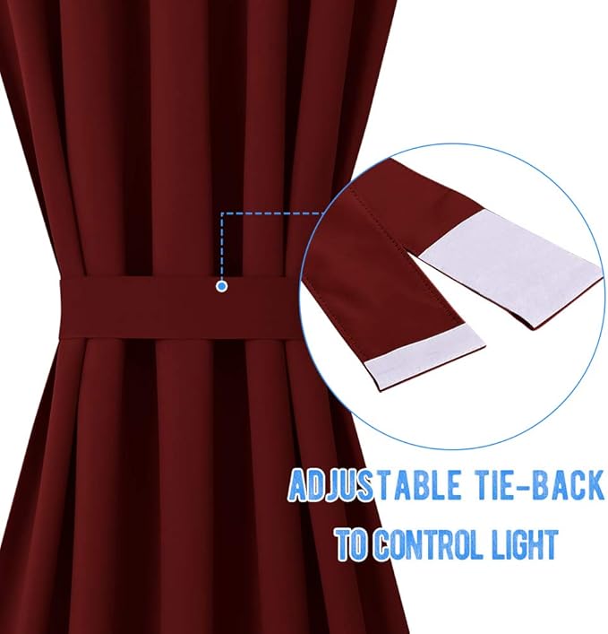 NICETOWN Door Christmas Curtain for French Front Window, Thermal Insulated Blackout Shades for Sliding Door, Curtain Panel with Tieback for Living Room, 36" W x 72" L, 1 Panel, Burgundy
