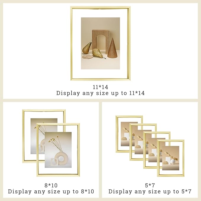 Frametory, Floating Picture Frames Set - Gold Metal Photo Frames - Real Glass - Displays One 11x14, Two 8x10, And Four 5x7 Inch Photos for Home Decoration