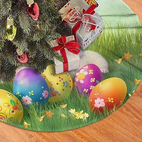 Easter Bunny Eggs Tree Skirts Xmas Ornaments, Spring Flower Rabbit Tree Mat for Christmas Party Holiday All Occasions 36" - Image 3