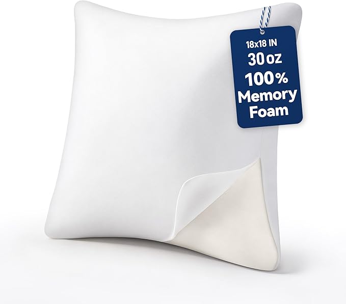 AM AEROMAX 18x18 Inch Memory Foam Pillow Insert, Firm & Fluffy Square Throw Pillow for Couch and Bed, Premium Decorative Stuffer, Heavy Duty & Non-Flattening