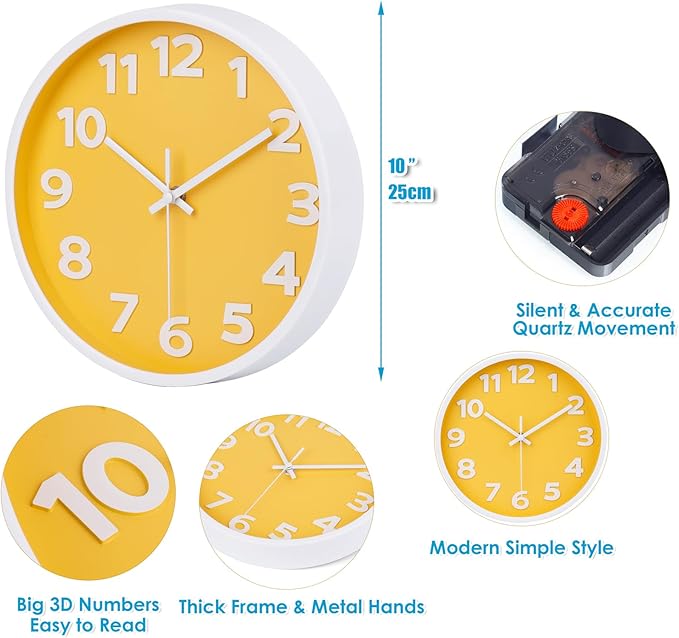 10 Inch Yellow Wall Clock with Big Numbers - Battery Operated Silent Modern Simple Decor Easy to Read for Kitchen, Bedroom, Living Room, Office, School