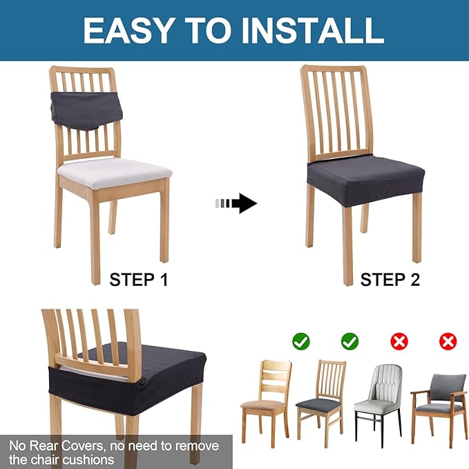 Smiry Waterproof Seat Covers for Dining Room Chairs Set of 8, Stretch Jacquard Removable Washable Chair Seat Slipcovers Protector, No Rear Covers, Dark Grey
