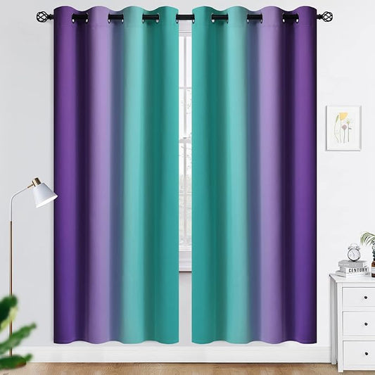 COSVIYA Grommet Ombre Room Darkening Curtains 72 inches Length for Kids/Girls Bedroom, Polyester Light Blocking Teal and Purple Gradient Window Drapes/Curtains for Living Room,2 Panels, 52x72 inches