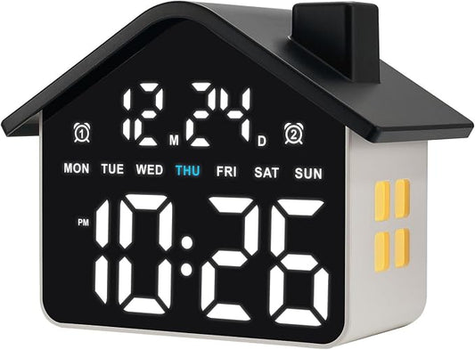 Plumeet Digital Alarm Clock, Bedroom Clock with Large Numbers, Date, Week, Dual Alarms, Dimmer and Ambient Light, House-Shaped Electric Bedside Desk Clock, Adapter Batteries Powered, Black by Plumeet