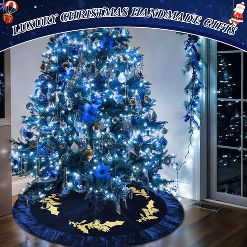 48 Inches Velvet Christmas Tree Skirt Decorations Dark Blue Luxury Xmas Fur Plush Skirts with Gold Embroidered Holly for Merry Christmas Party Rustic Vintage Holiday Home Winter - Image 5