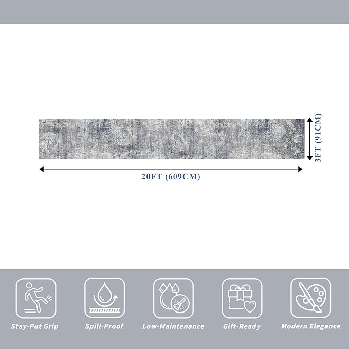 3x20 ft Extra Long Hallway Runner Rug - Non-Slip Washable Floor Runner with Rubber Backing, Modern Low Pile Thin Wide Carpet for Entryway, Kitchen, Living Room（Blue Grey, 3x20）