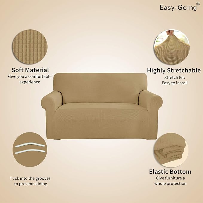 Easy-Going Stretch Loveseat Slipcover 1-Piece Sofa Cover Furniture Protector Couch Soft with Elastic Bottom for Kids Polyester Spandex Jacquard Fabric Small Checks (Loveseat, Golden)