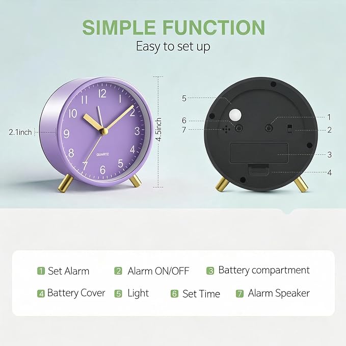 Analog Alarm Clock, Silent Non-Ticking with Night Light, Fashionable Round Metal Alarm Clock for Office, Battery Operated Alarm Clock for Bedroom, Elderly, Adults, Children, Student Gifts - Image 5