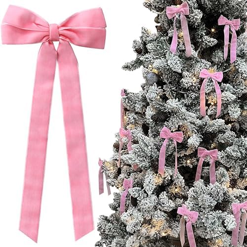 12Pcs Pink Velvet Bows Christmas Tree Decorations,5in x 10in Xams Ornaments by brand