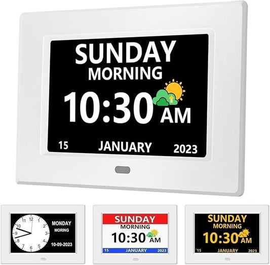 7 Inch Clock with Day and Date for Elderly Large Display Digital Clocks 12 Alarm 3 Display Modes Large Font Alzheimer's Clock Alarm Clocks for Seniors Auto DST White