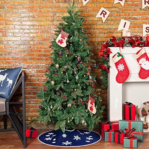 30 Inch Burlap Christmas Tree Skirt with White Snowflakes, Dark Blue - Image 5