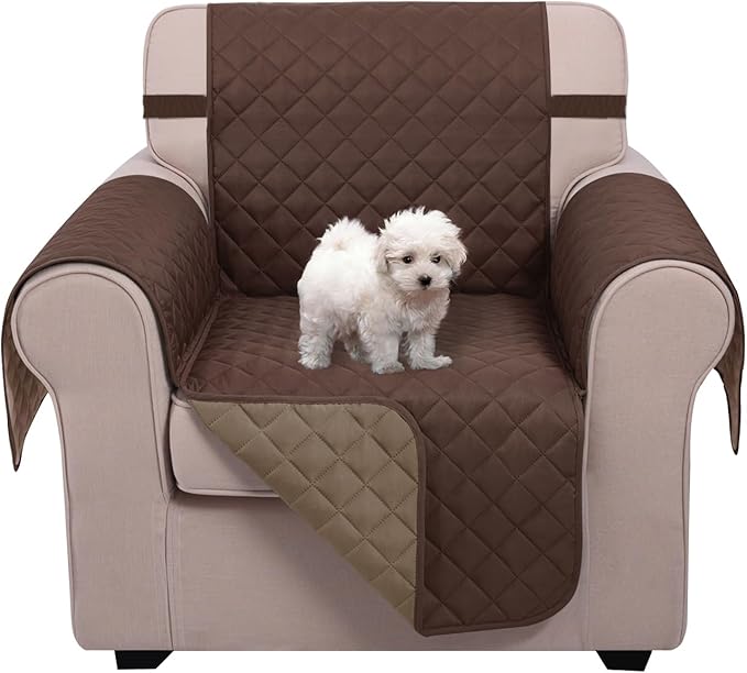 U-NICE HOME Recliner Chair Covers Reversible Chair Cover Pet Covers for Dogs with Elastic Straps Water Resistant Diamond Quilted (23''Armchair, Chocolate/Taupe)