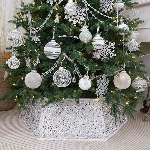 White Christmas Tree Collar with Sparkling Sequins,Christmas Tree Collars for Atificial Trees, 33.5 Inch Christmas Tree Skirt, Xmas Tree Stand Base Cover,Holiday Home Decor Tree Ring(Large) by SunshineDecor
