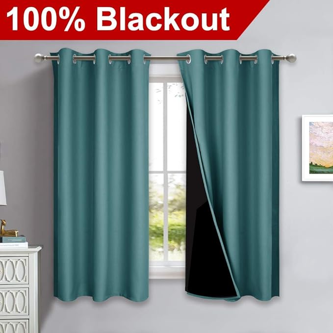NICETOWN 100% Blackout Short Curtains with Black Liners, 2 Panels, 37" W by 63" L, Sea Teal, Solid Thermal Insulated Full Blackout 2-Layer Lined Drapes, Energy Efficiency Window Draperies for Bedroom