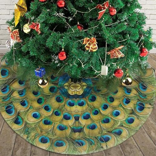 Peacock Feathers Circle Christmas Tree Skirt 48" for Xmas Halloween New Year Holiday Party Home Tree Mat Decor Ornaments Decoration - Image 4